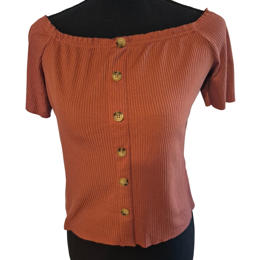 Polly & Esther‎ Ribbed Top Womens M Boho Cottagecore Button Front Rust Medium